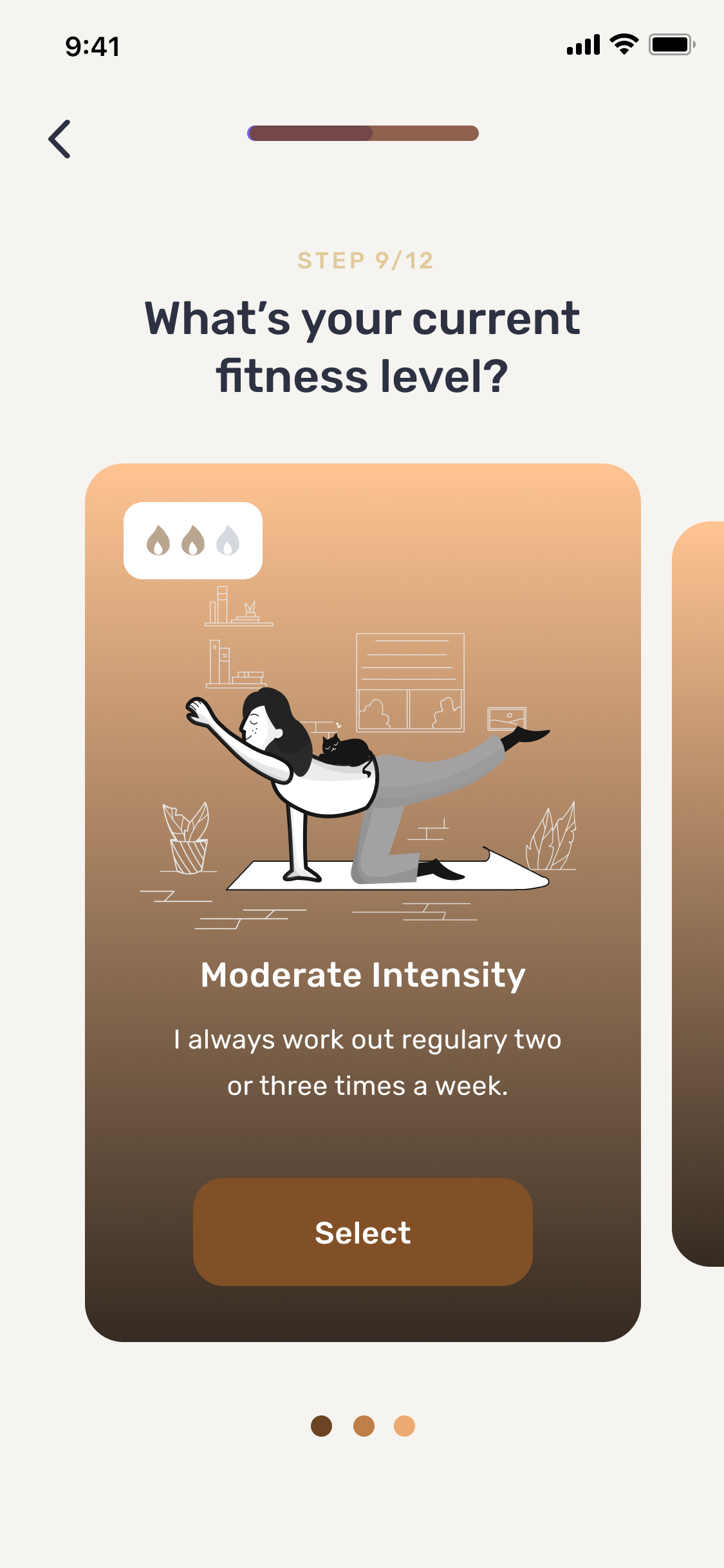 Nova onboarding screen asking for current fitness level, showing a warm gradient card labeled Moderate Intensity