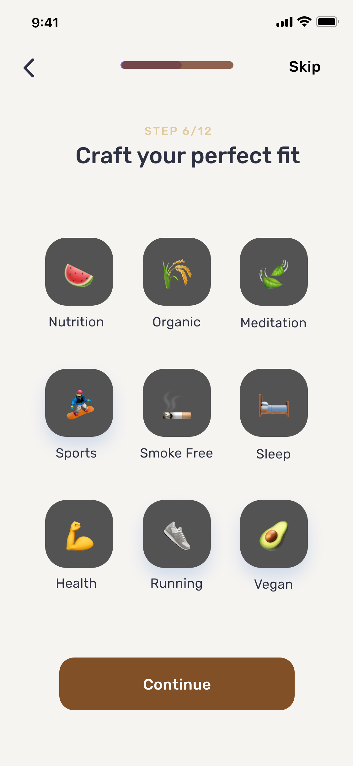 Nova onboarding screen titled Craft your perfect fit with a grid of interest icons like Nutrition, Sports, and Sleep