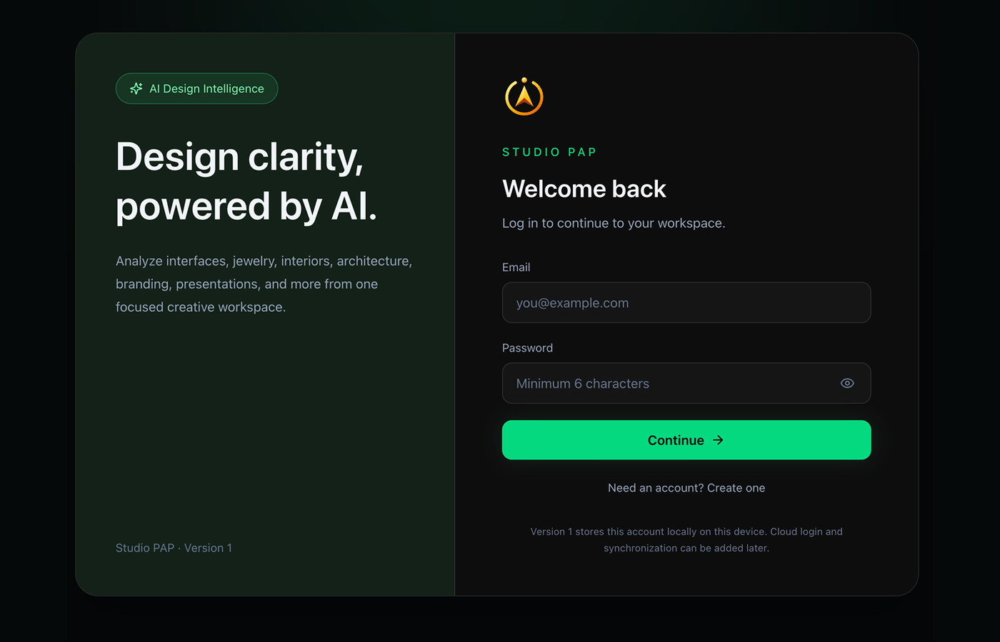 Studio PAP sign-in screen with the headline Design clarity, powered by AI, and a welcome back form