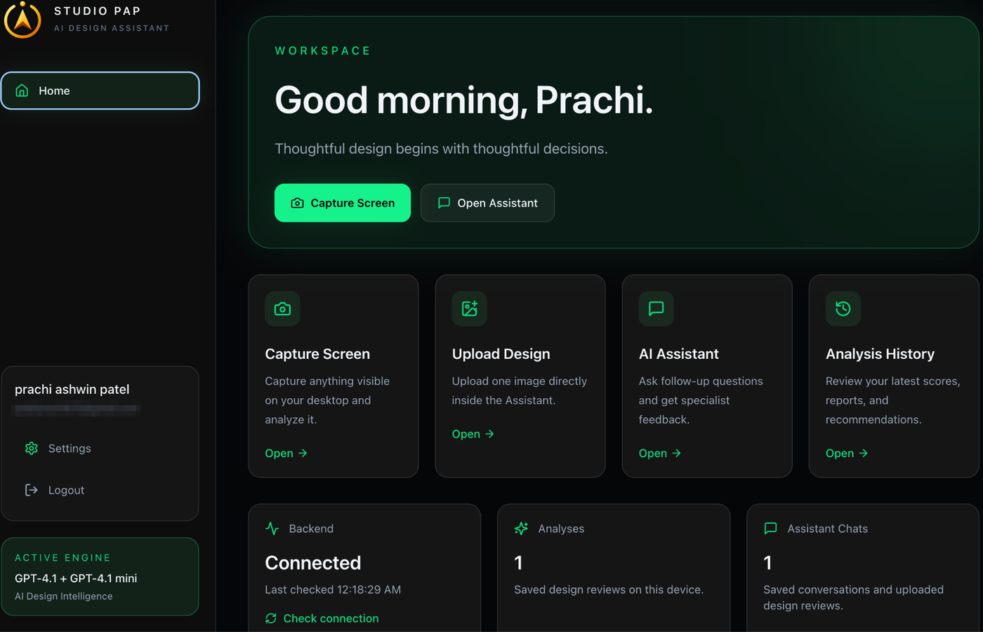 Studio PAP dashboard with a greeting, four action cards, and connection and usage status