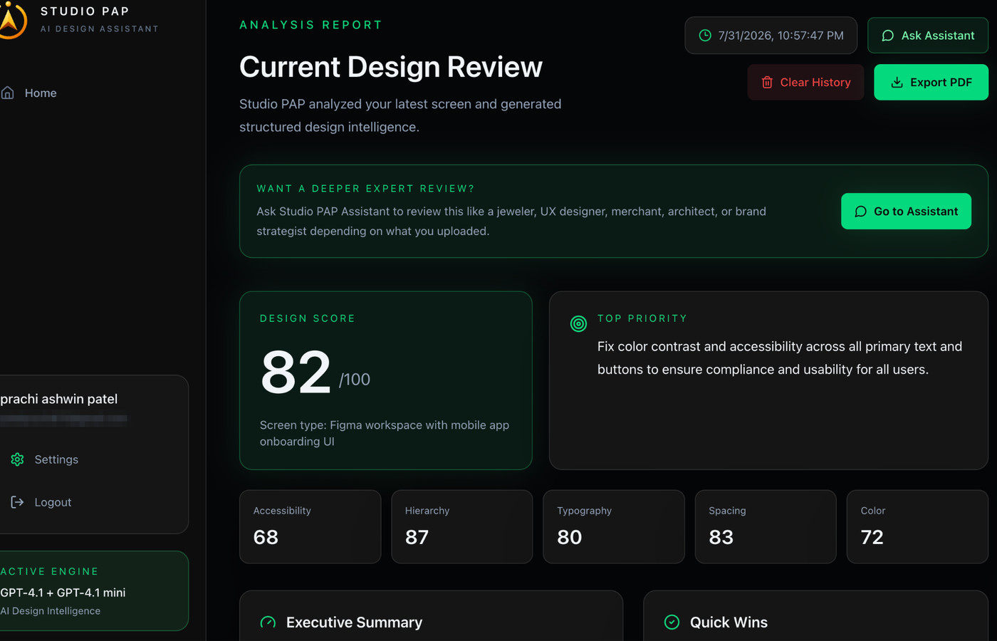 Analysis report showing an overall design score of 82 out of 100 and five category scores