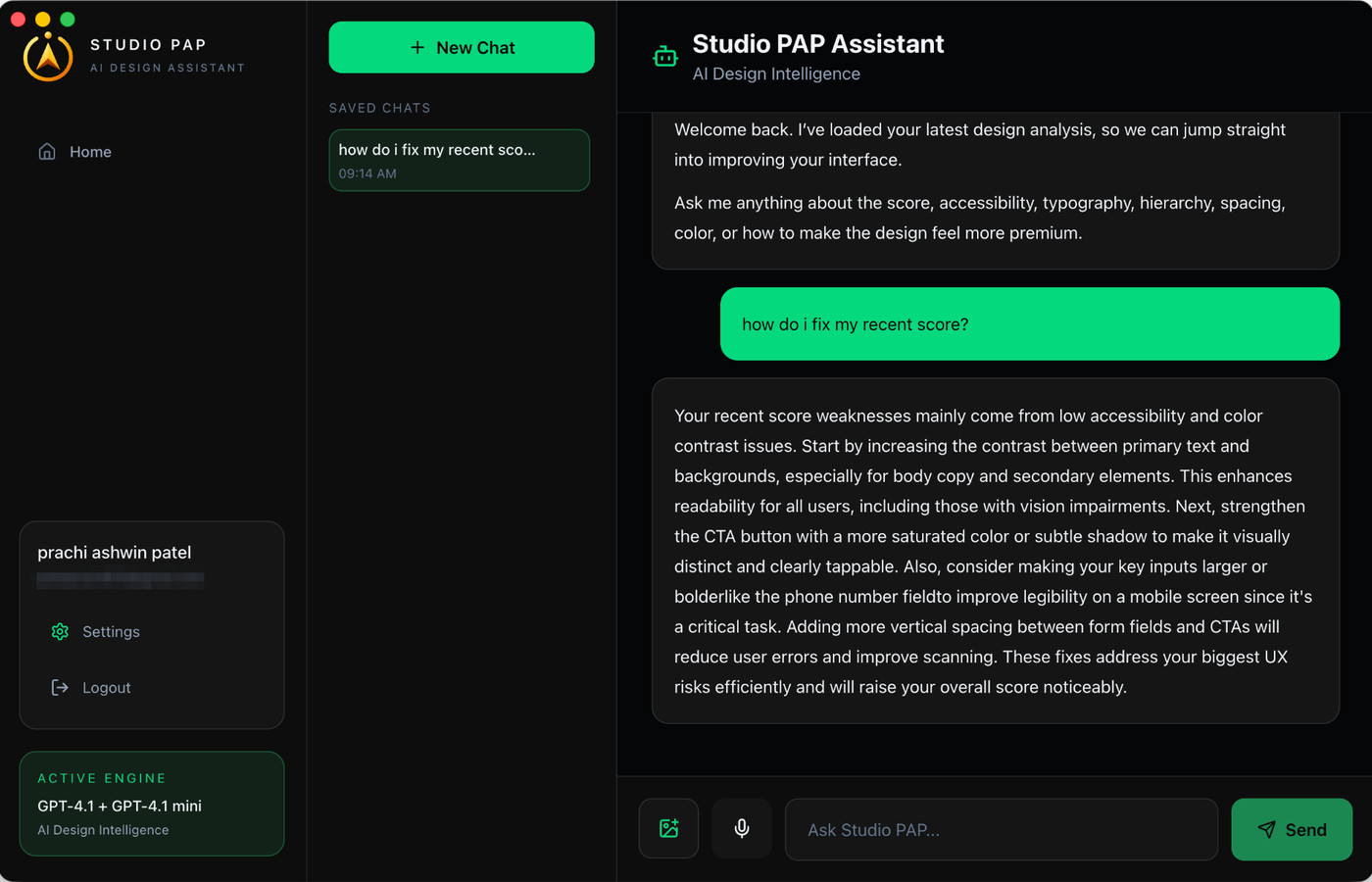 Chat with the Studio PAP assistant explaining how to improve a low accessibility score