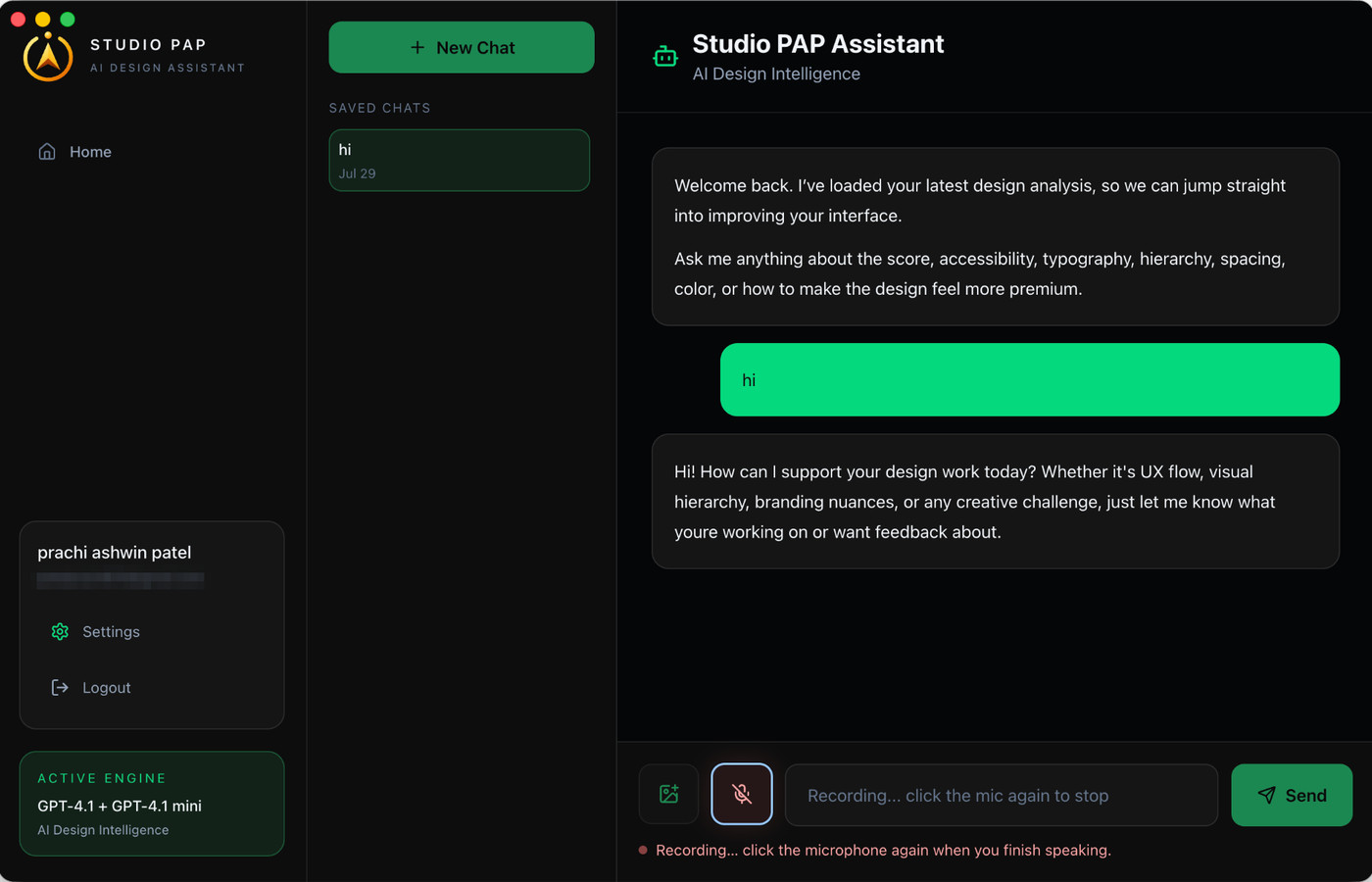 Studio PAP chat with the microphone recording and a message saying to click the mic again to stop