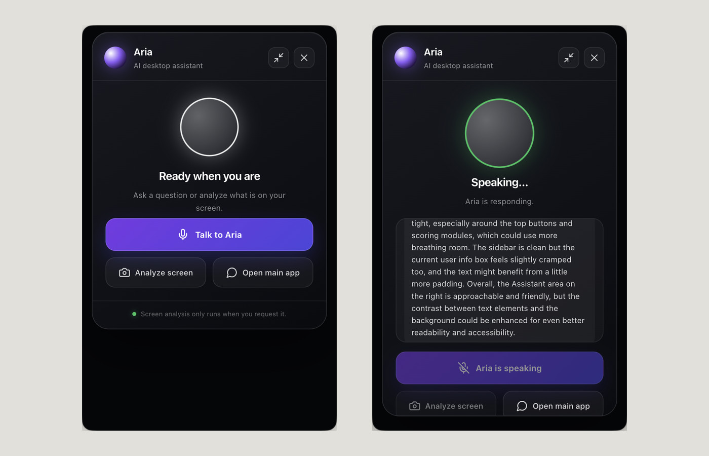 Two states of the floating Aria assistant: ready to listen, and speaking a response
