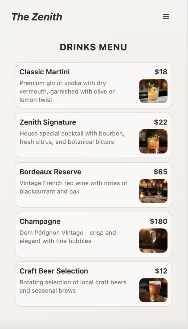 Zenith drinks menu listing cocktails and wines like Classic Martini and Bordeaux Reserve with prices