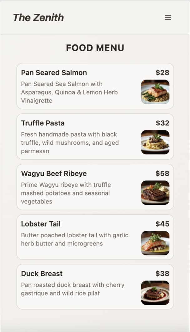Zenith food menu listing dishes like Pan Seared Salmon and Wagyu Beef Ribeye with prices