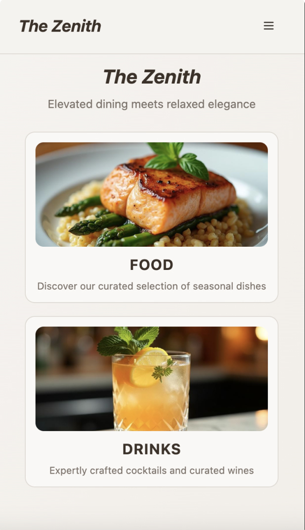 Zenith home screen with the tagline Elevated dining meets relaxed elegance and Food and Drinks cards