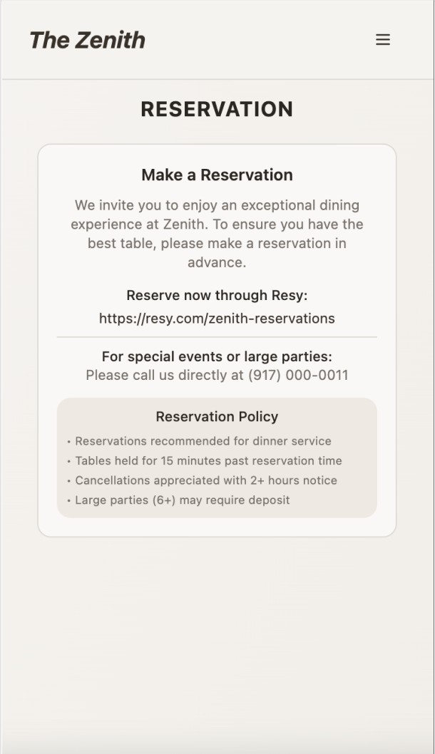Zenith reservation screen with a link to book through Resy and the reservation policy